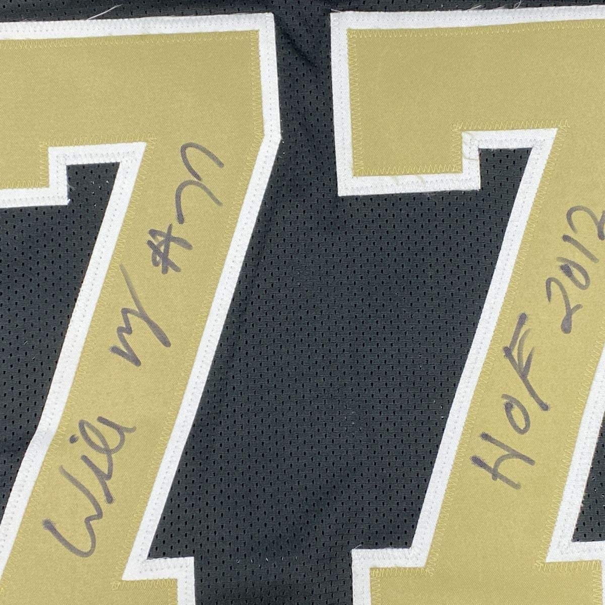 Framed Autographed/Signed Willie Roaf 35x39 New Orleans Black Football Jersey JSA COA