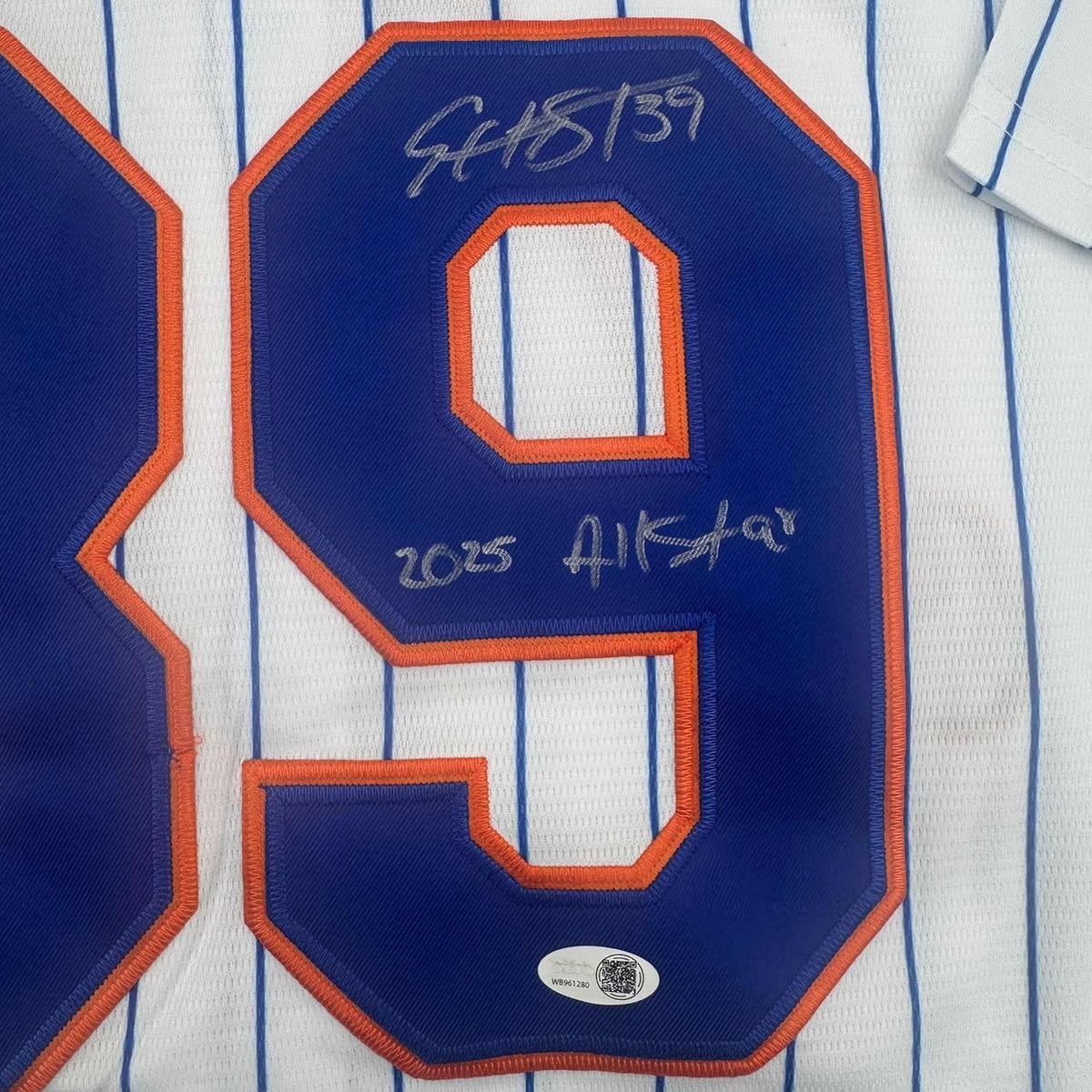 Framed Autographed/Signed Edwin Diaz "2025 All-Star" 35x39 New York Pinstripe Baseball Jersey JSA COA