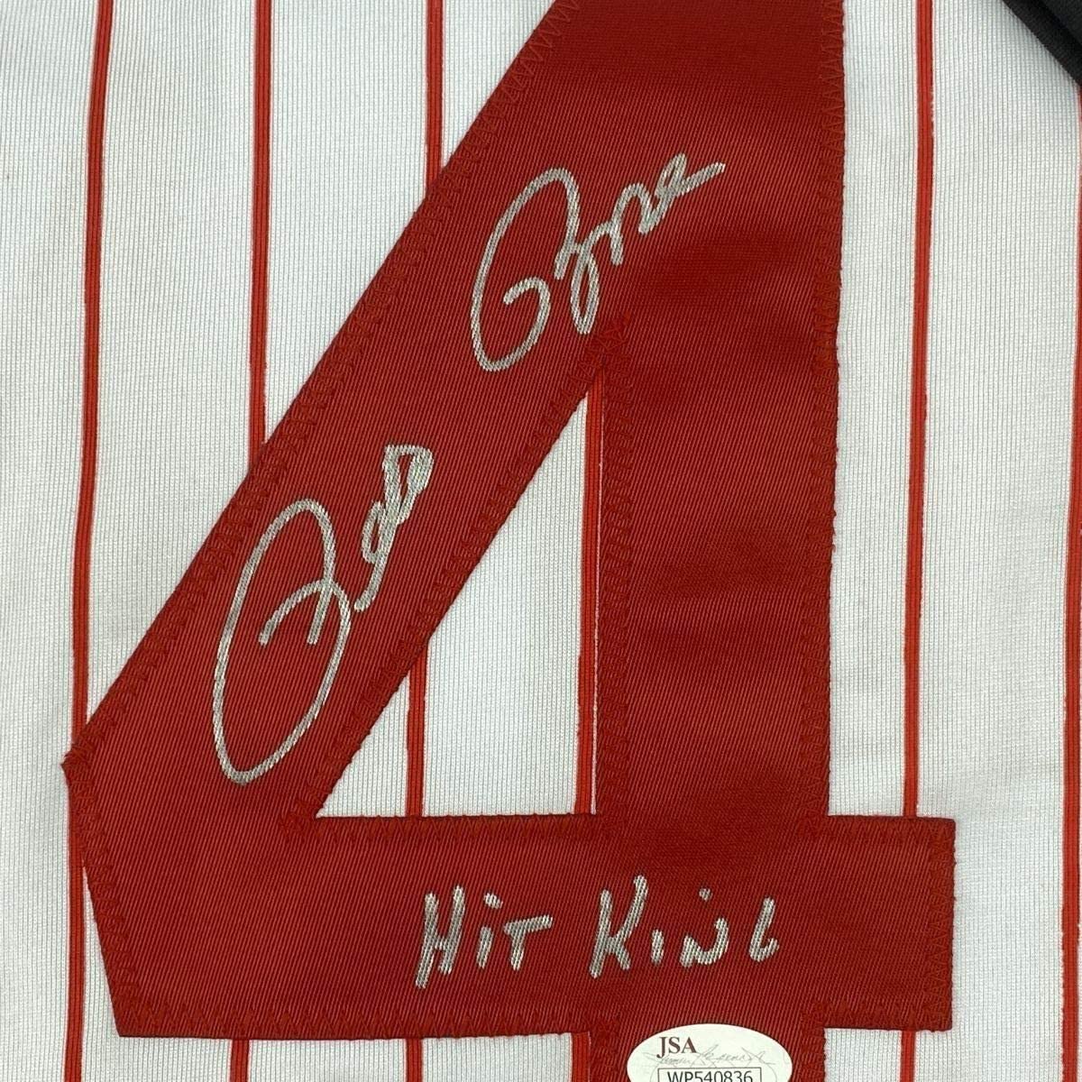 Framed Autographed/Signed Pete Rose Hit King 35x39 Cincinnati Pinstripe Baseball Jersey JSA COA