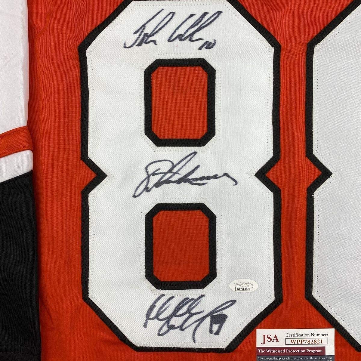 Framed Autographed/Signed Legion of Doom Eric Lindros, John LeClair & Mikail Renberg 35x39 Philadelphia Orange Hockey Jersey JSA COA