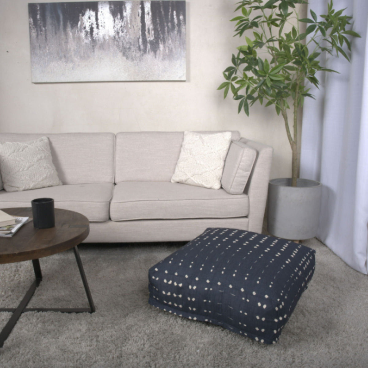 Dalm - Fabric Square Pouf Ottoman With Polystyrene Beads Filling - Dark Blue / White