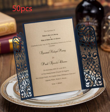 Personalized Navy Blue Laser Cut Wedding Invitation | Custom Tri-Fold Elegant Floral Gate Design Cards for Weddings, Quinceañeras & Special Events