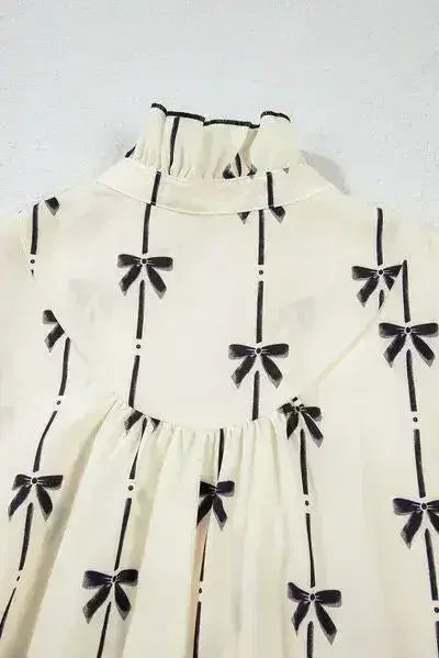 Frill Bow Print Notched Short Sleeve Mini Dress
