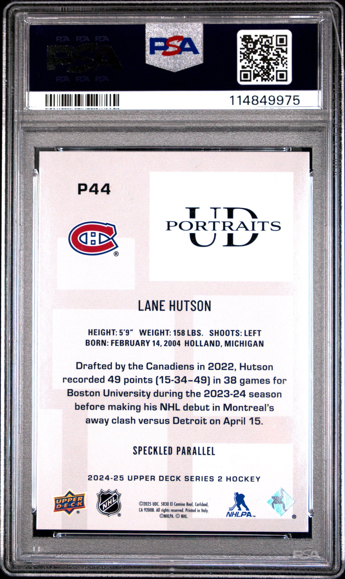 Graded 2024 Upper Deck Lane Hutson #P44 UD Portraits Speckle Rookie RC Hockey Card PSA 10 Gem Mint
