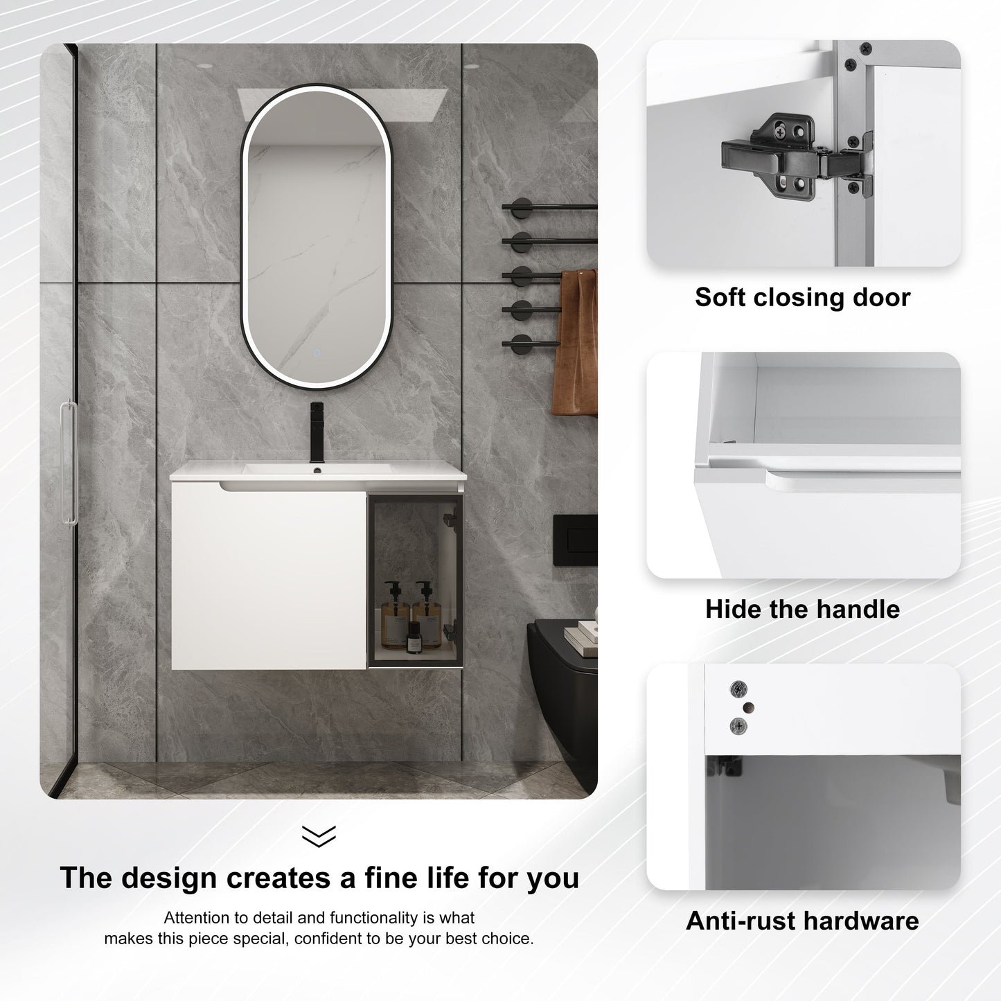 30" Wall-Mounted Bathroom Vanity With Ceramic Sink, Glossy