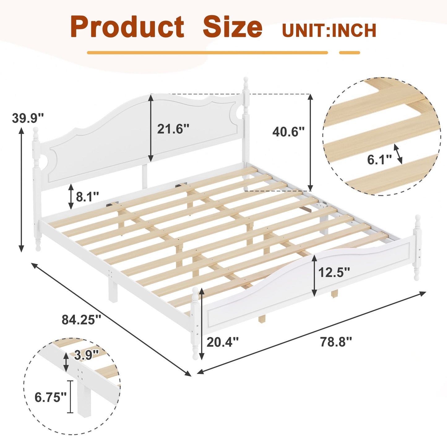 King Bed Frame with Headboard, Retro Style Wooden Platform Bed