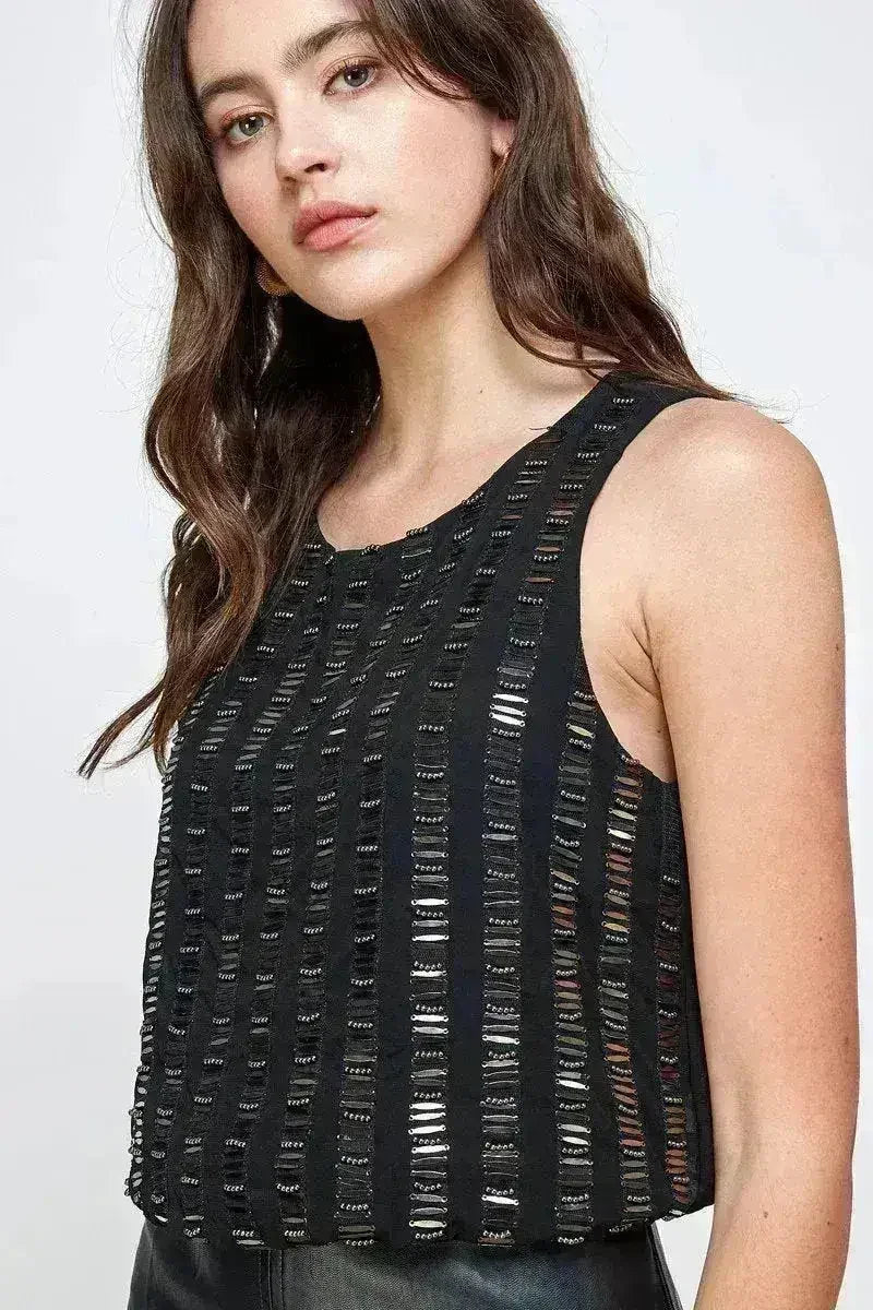 Sleeveless Textured Shift Dress Beaded Stripe - Femstylo