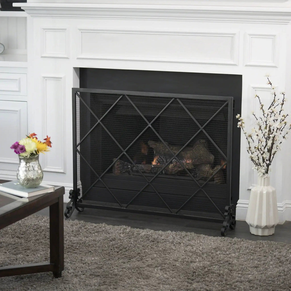 Minimalist Single Panel Iron Fireplace Screen with Diamond Design