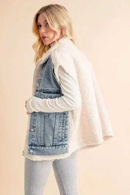Aemi + Co Fake Two Pieces Denim Patch Sherpa Vest Coat