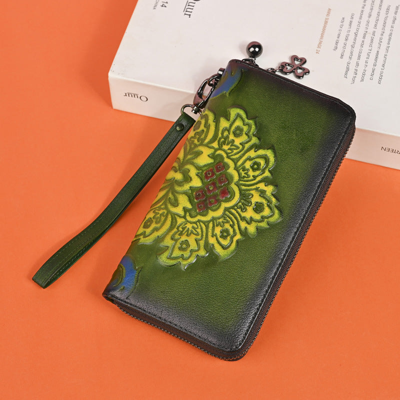 Genuine Leather Long Wallet Fashionable Zipper Clutch Bag Printed Hand-Painted Handbag