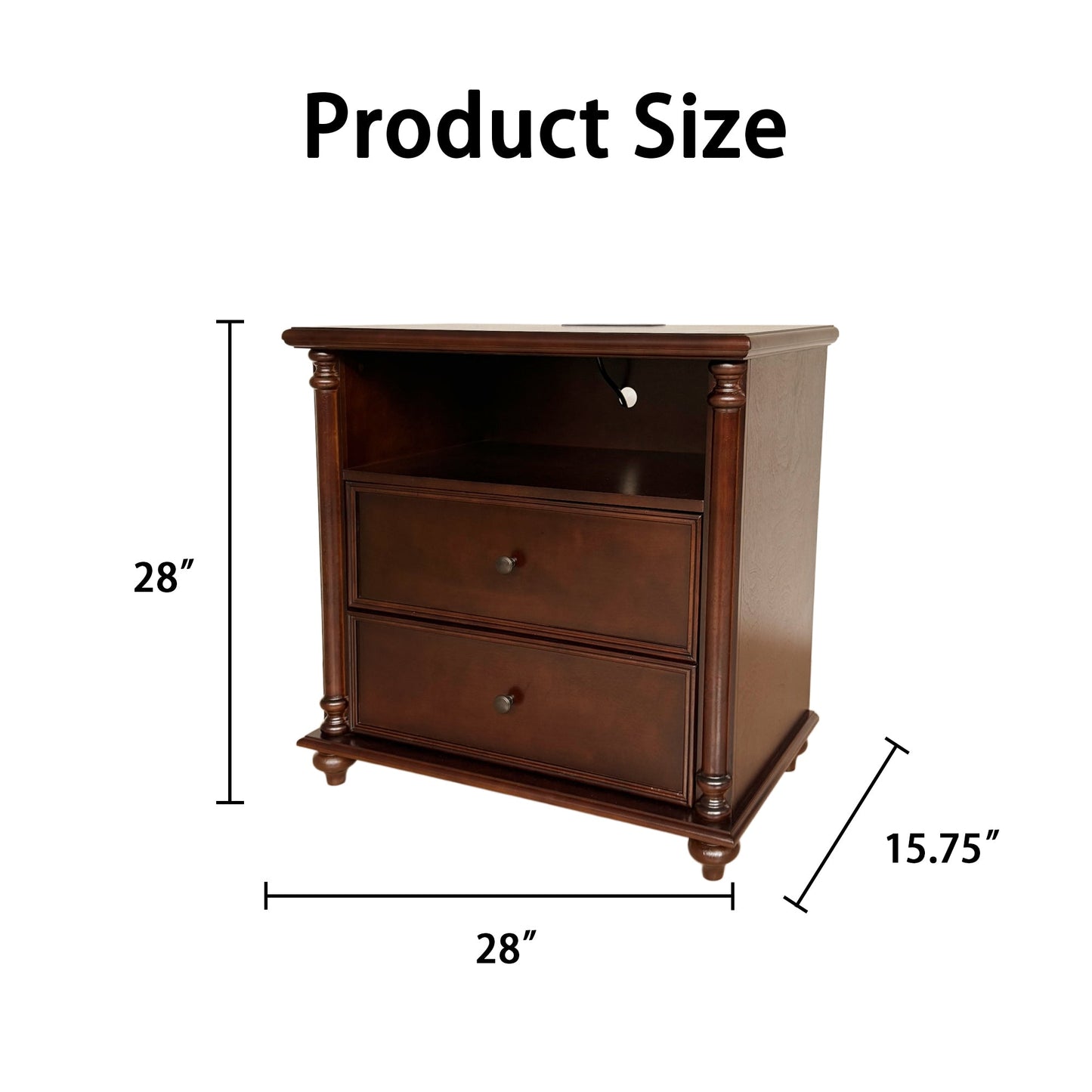 28" Nightstand with Charging Station, Rustic