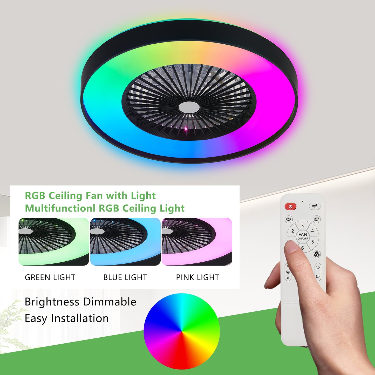 23-Inch Black and White Ceiling Fan Light with LED RGB