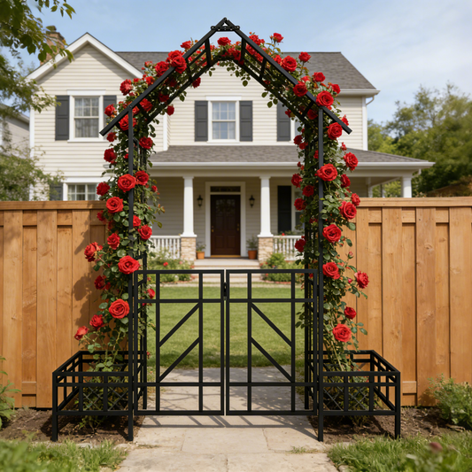Metal Garden Arch with Gate and Planter for Climbing Plants