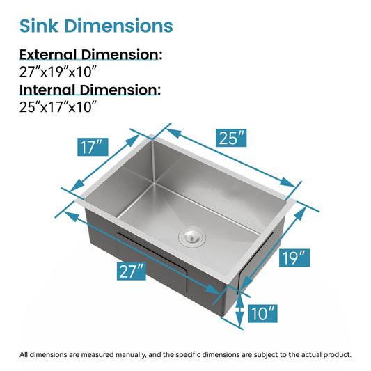 Stainless Steel Kitchen Sink, 27″x19″ Single Bowl, Undermount Handmade Sink in Brushed Nickel