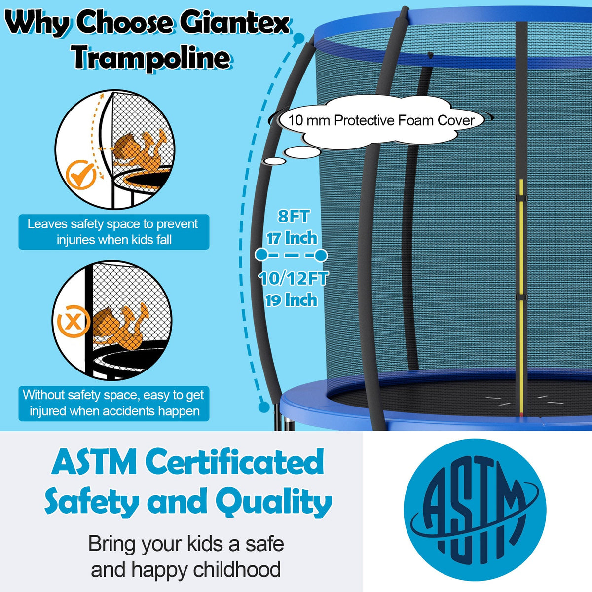 8 Feet ASTM Approved Recreational Trampoline with Ladder-Blue