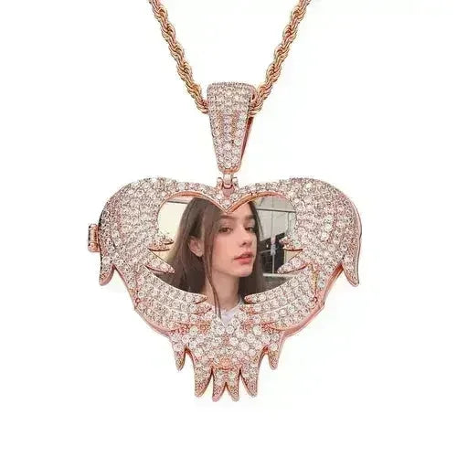 LoveShell™ – Custom Clamshell Heart Photo Pendant | Iced Out Zircon