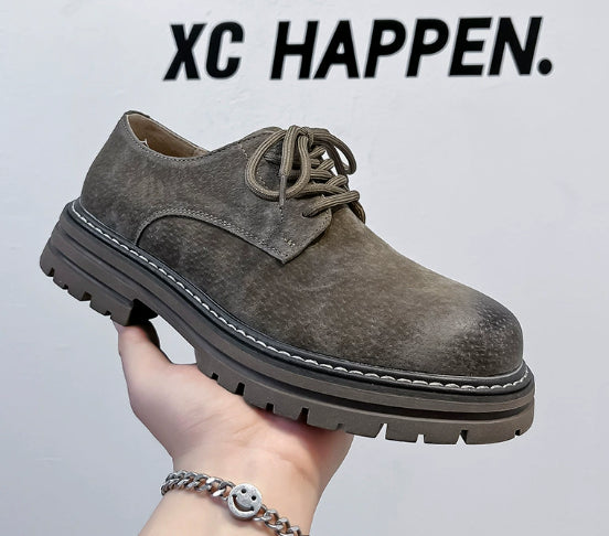 Youthful Round-toe Mens British-style Casual Pigskin Mid-heel Wide-toe Work Shoes