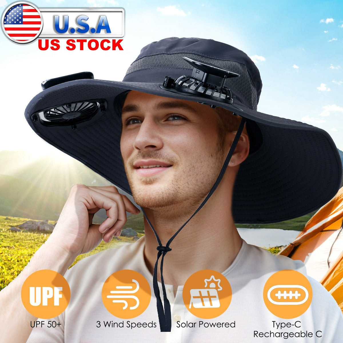 Outdoor Wide Brim Sun Hat With 2 Rechargeable Fans Solar Powered 3 Wind Speeds UPF50+ Breathable Waterproof Nylon Mesh Outdoor Hat For Hiking Camping