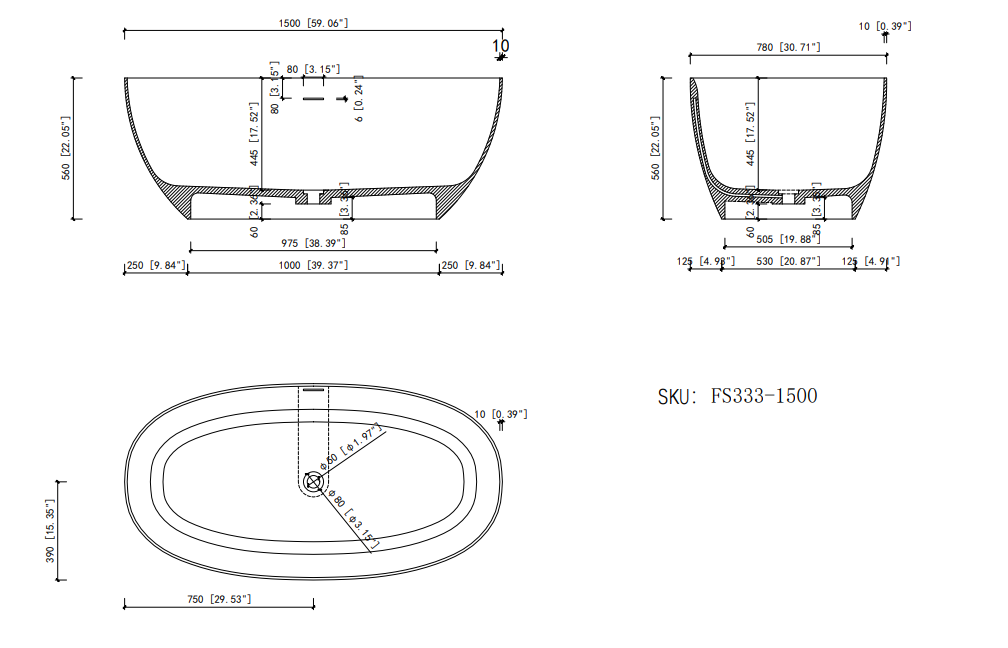 59" Solid Surface Soaking Bathtub