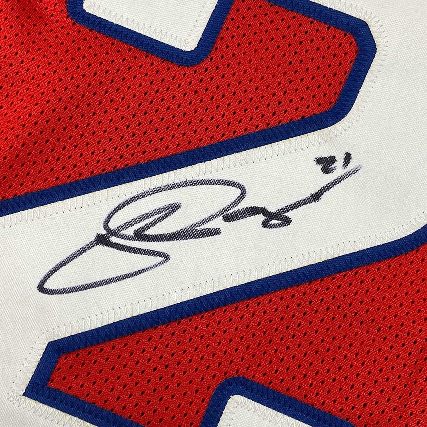 Framed Autographed/Signed Jordan Poyer 35x39 Buffalo Red Football Jersey JSA COA