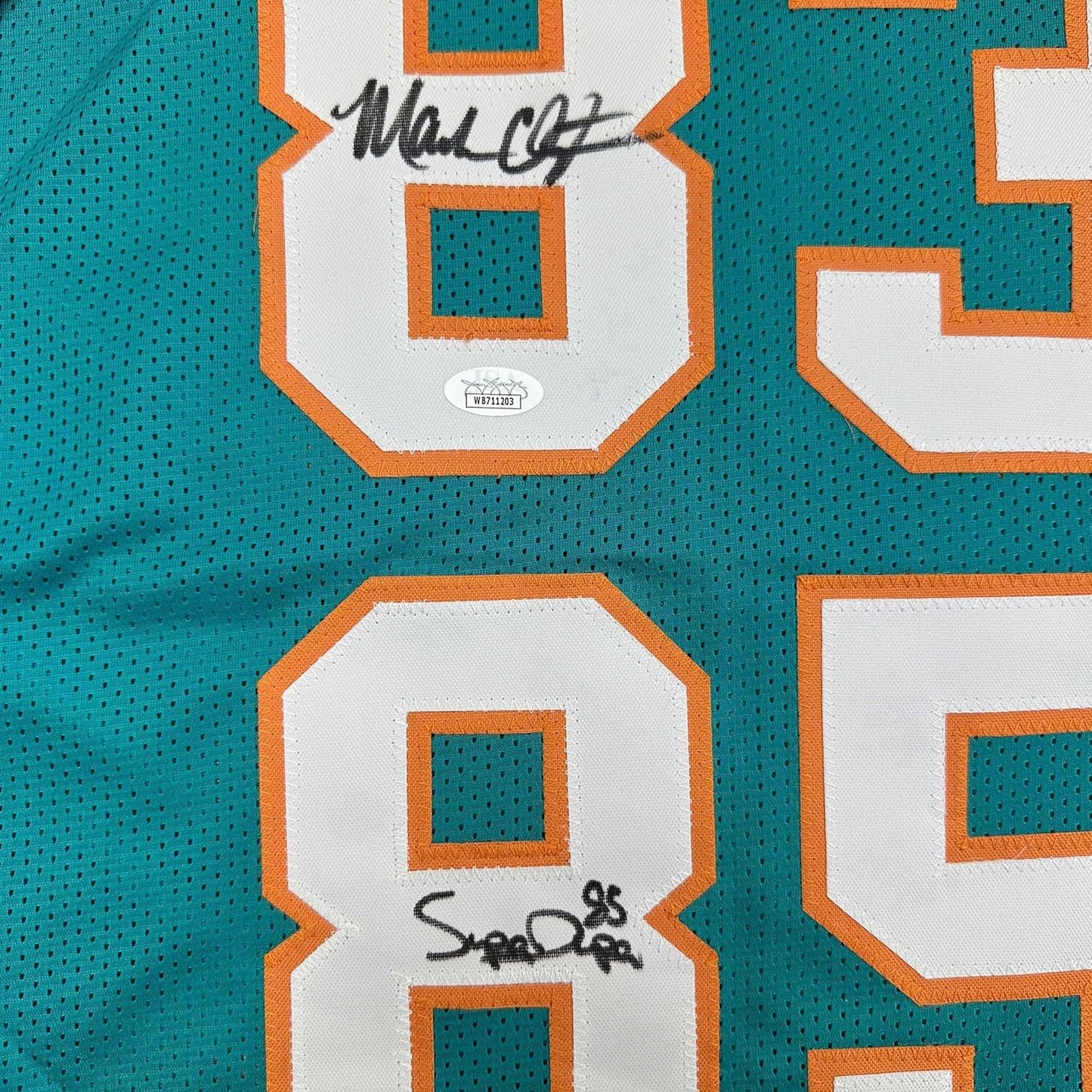 Framed Autographed/Signed Marks Brothers Mark Clayton & Mark Duper 35x39 Miami Teal Football Jersey JSA COA