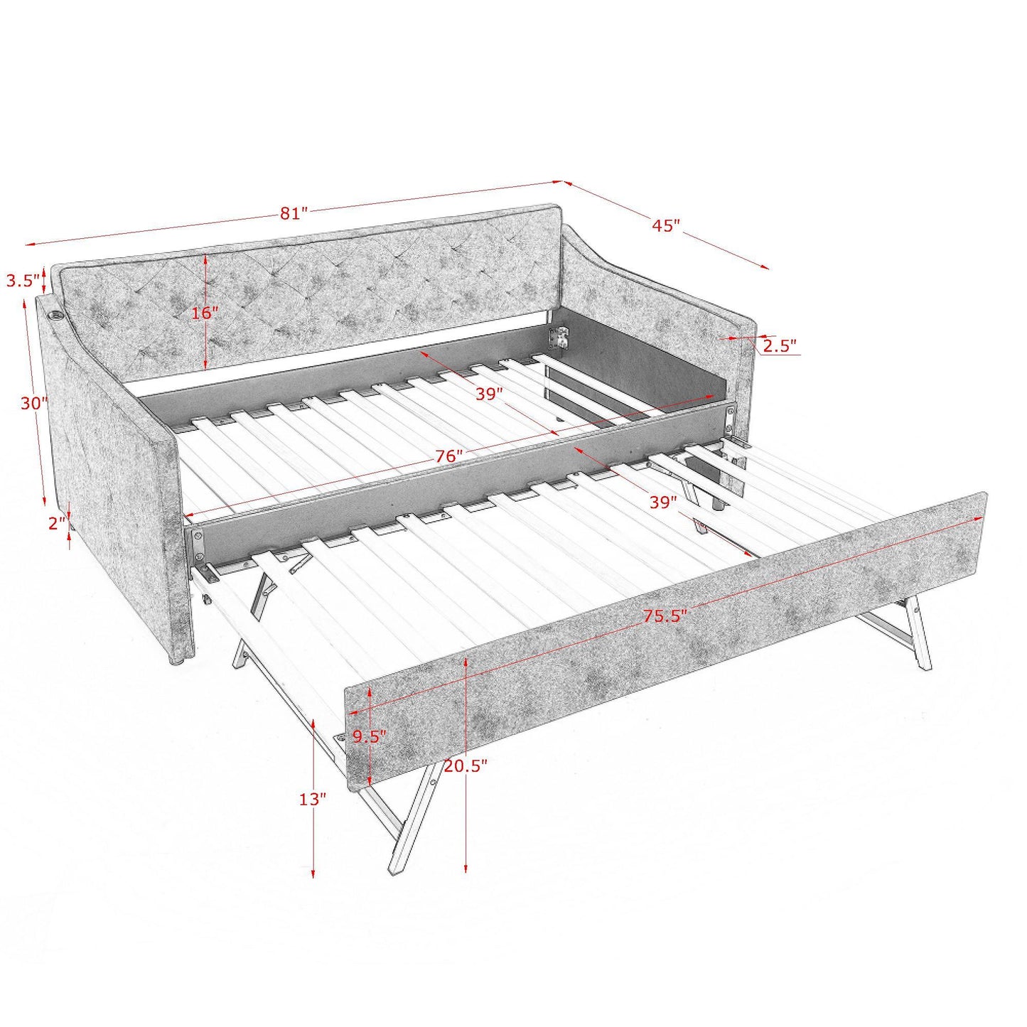 Daybed With Pop Up Trundle And USB Charging Armrest