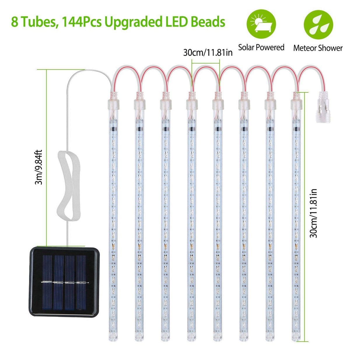 Solar Powered Meteor Shower String Lights 9.84FT Falling Raindrop Tube Lamp Water Resistant Decorative Lights For Tree Home Garden Parties