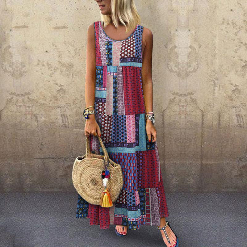National style printed sleeveless plus size midi skirt