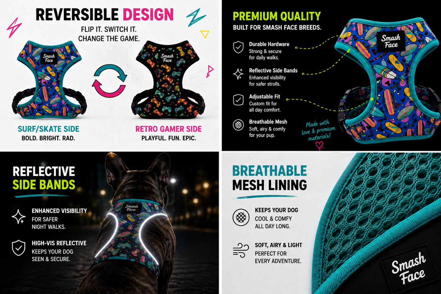Totally Radical Reversible Dog Harness, Collar & Leash Set | Retro Gamer & Surf Skate Print | French Bulldog Harness