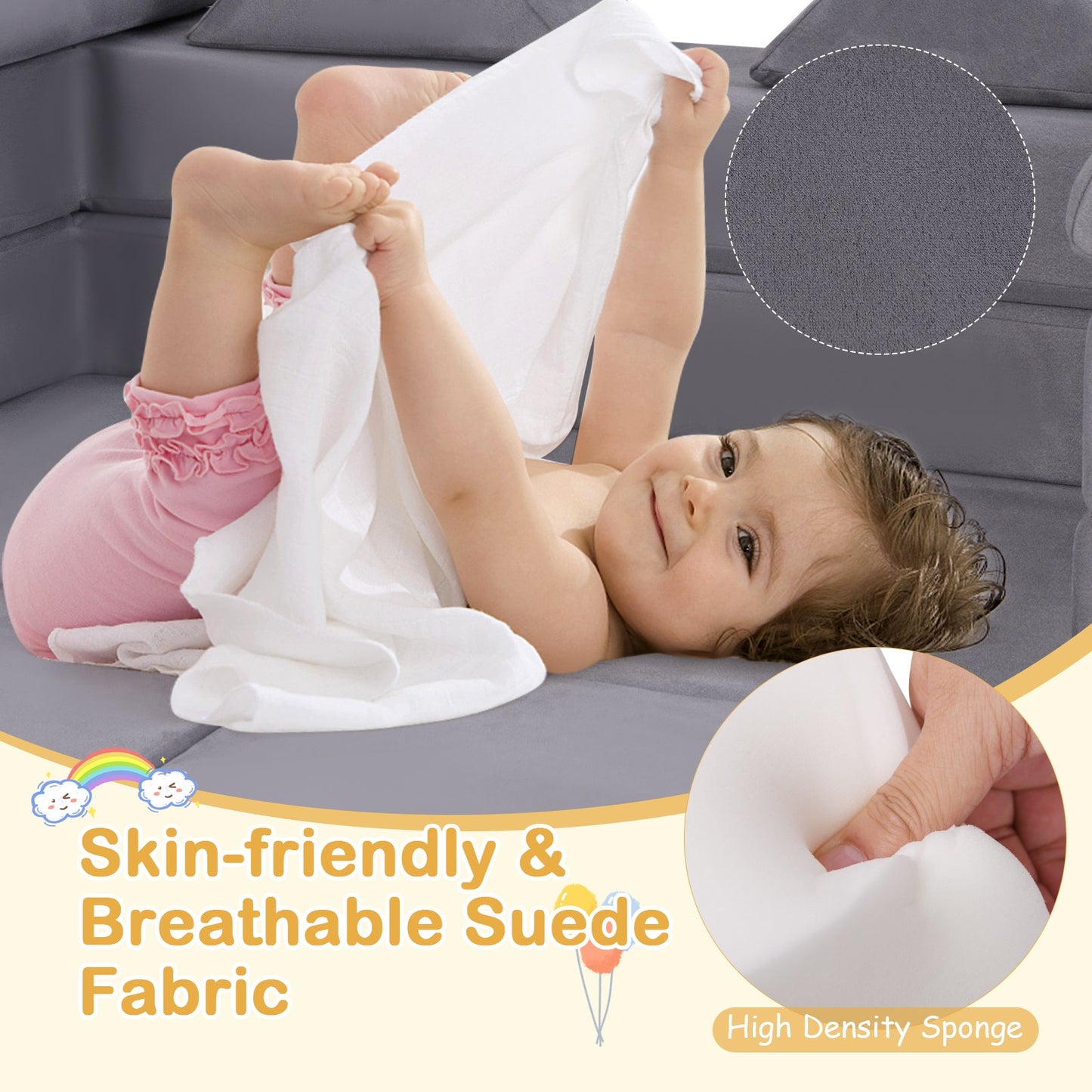 9-Piece Climb and Crawl Foam and Floor Playset with Breathable Suede Fabric-Gray