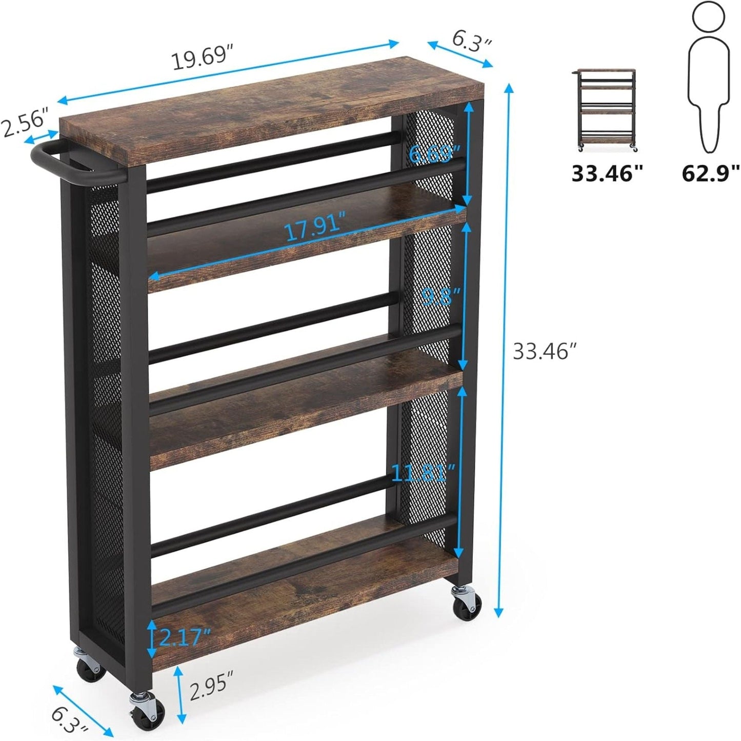 Slim 4 Tier Rolling Utility Cart With Wheels, Narrow Kitchen Storage Trolley - Brown / Black