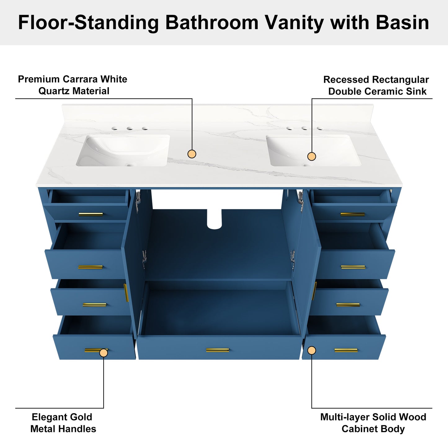 60" Solid Wood Bathroom Vanity with Double Sinks