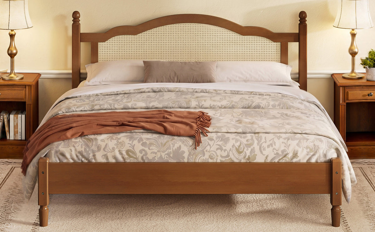 King Size Wooden Platform Bed with Rattan Headboard