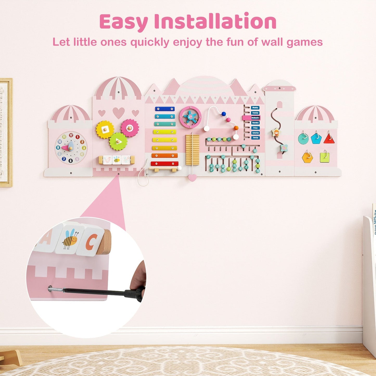 Activity Wall Busy Board Panels for Toddlers Wooden Sensory Board-Pink