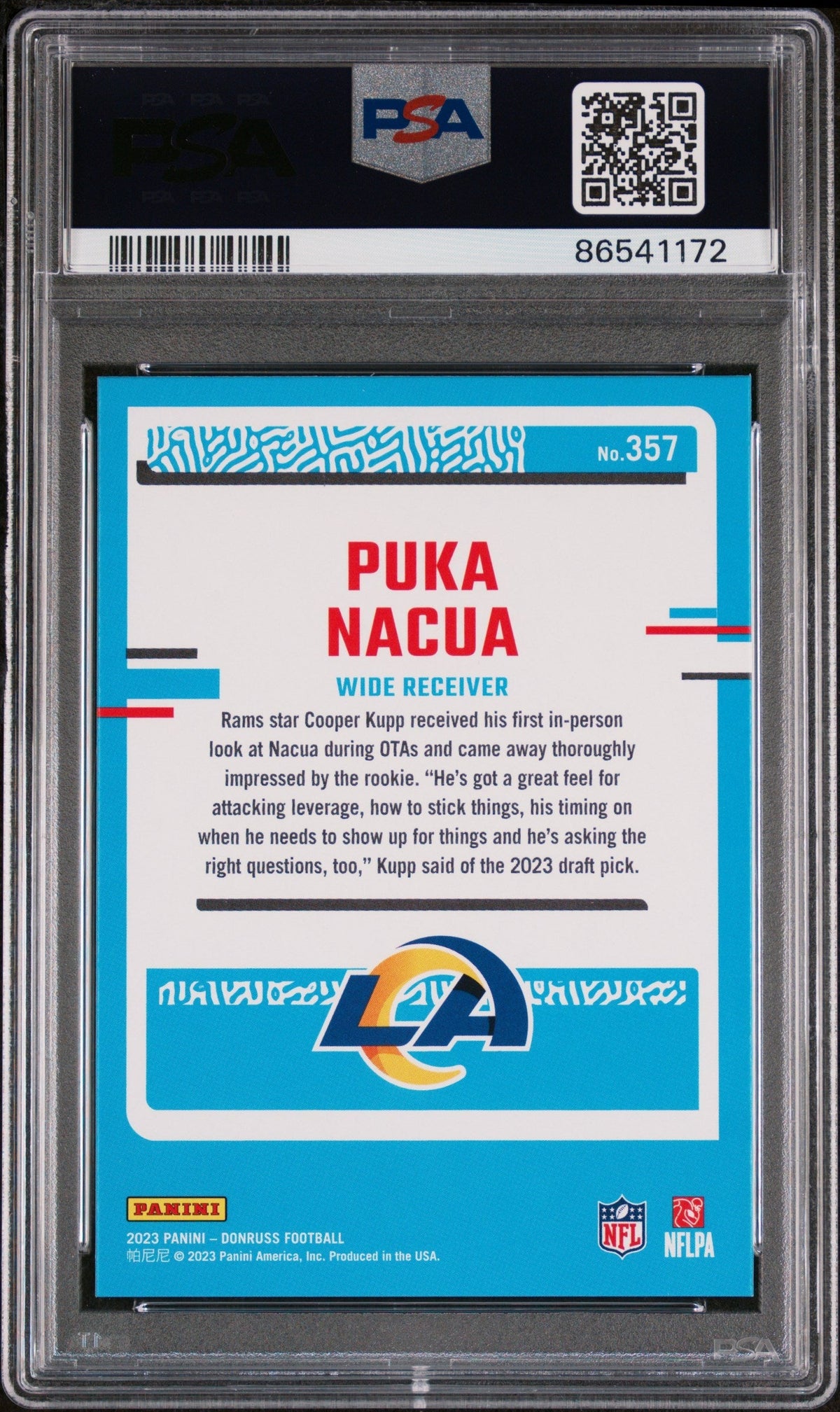 Graded 2023 Panini Donruss Rated Rookie Puka Nacua #357 Rookie RC Football Card PSA 7 NM