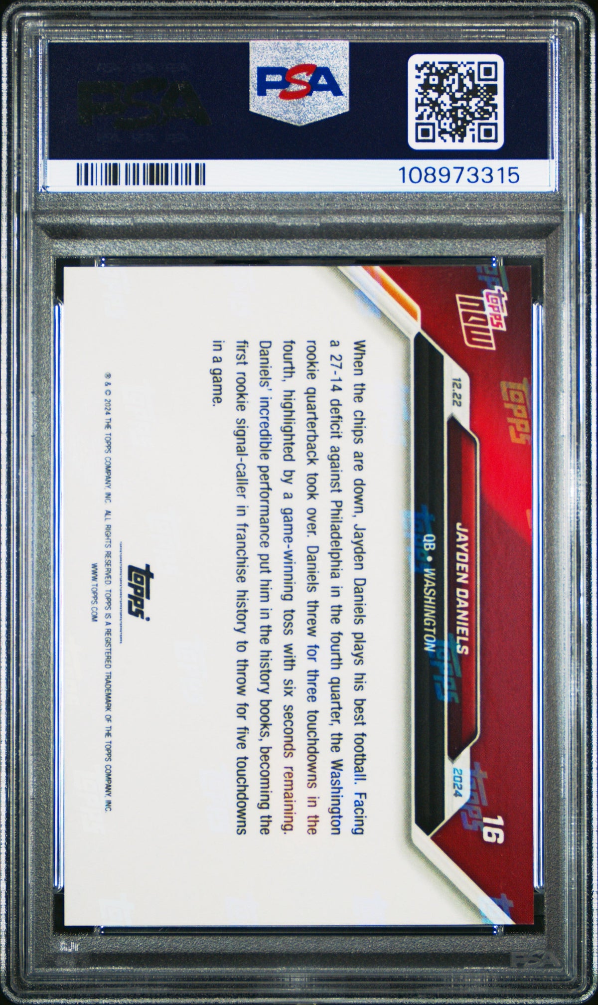 Graded 2024 Topps Now Jayden Daniels #16 Rookie RC Football Card PSA 9 Mint