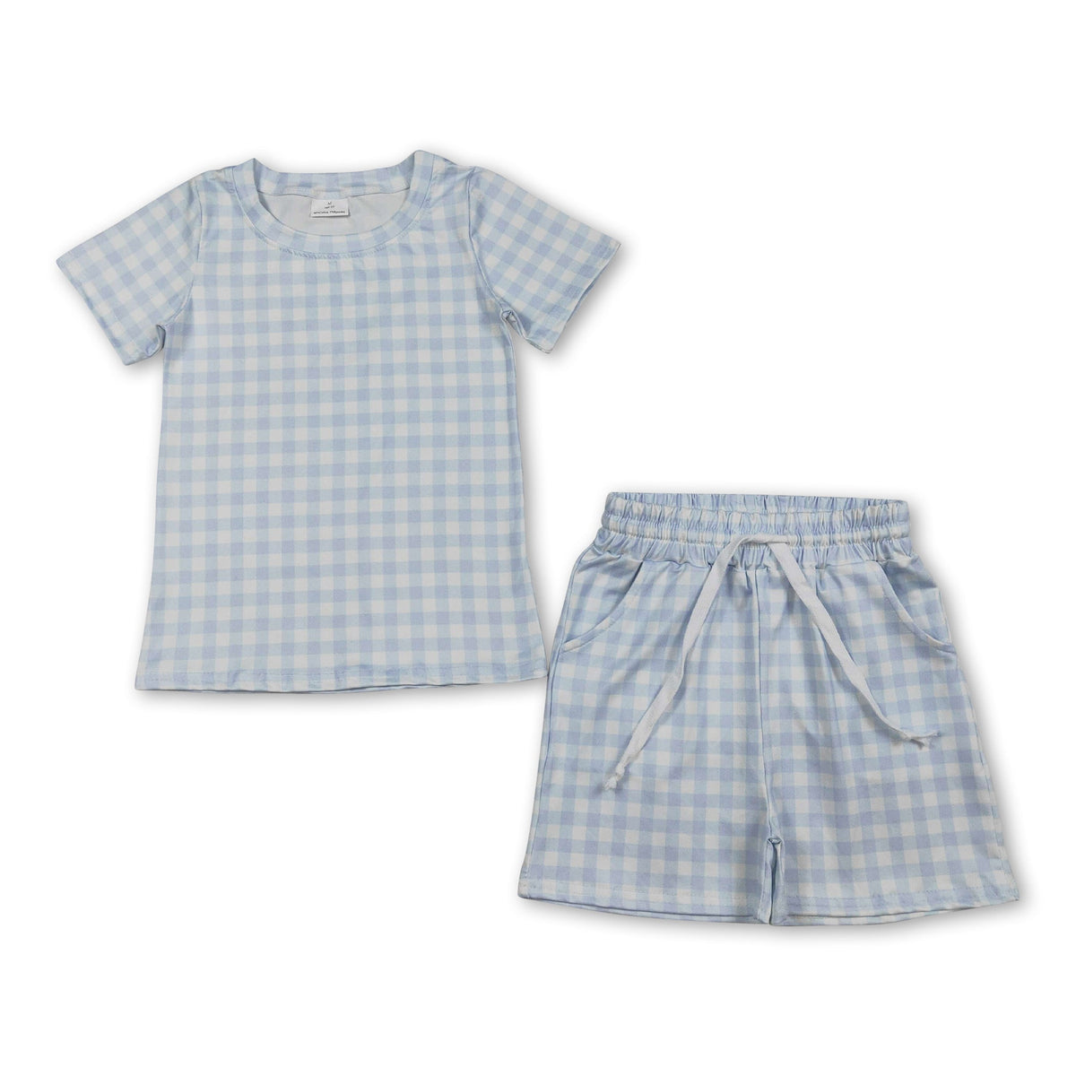 Short sleeves light blue plaid top shorts kids boys outfits