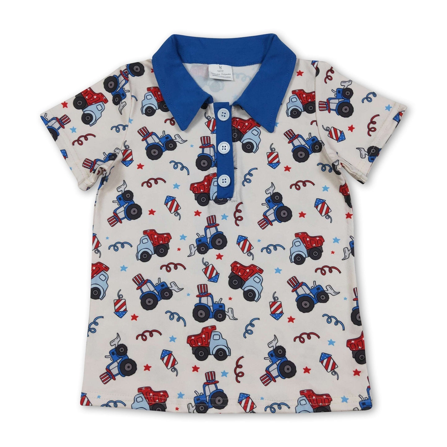 Blue short sleeves tractor kids boys 4th of july polo shirt