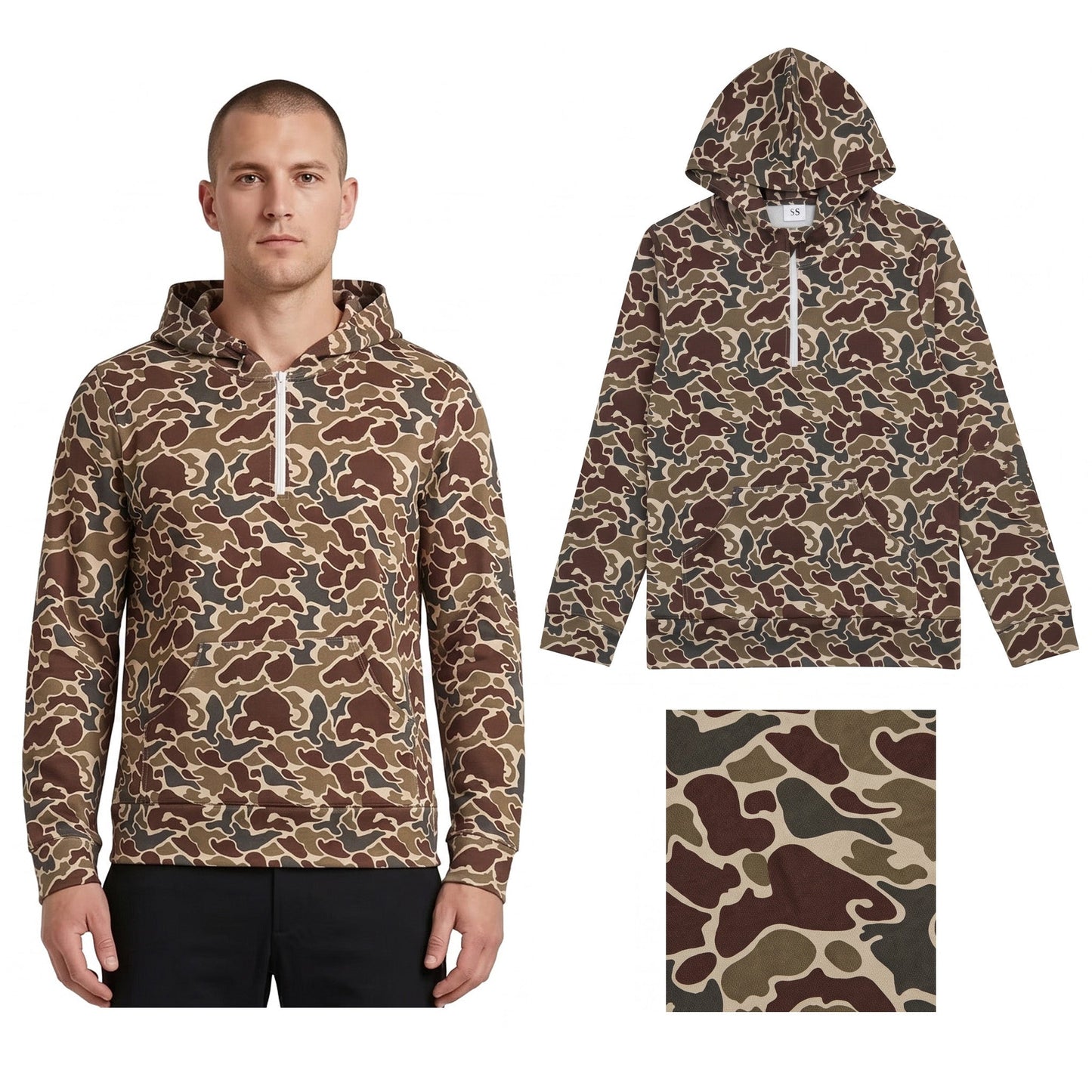Long sleeves dark brown camo men pocket zipper hoodie