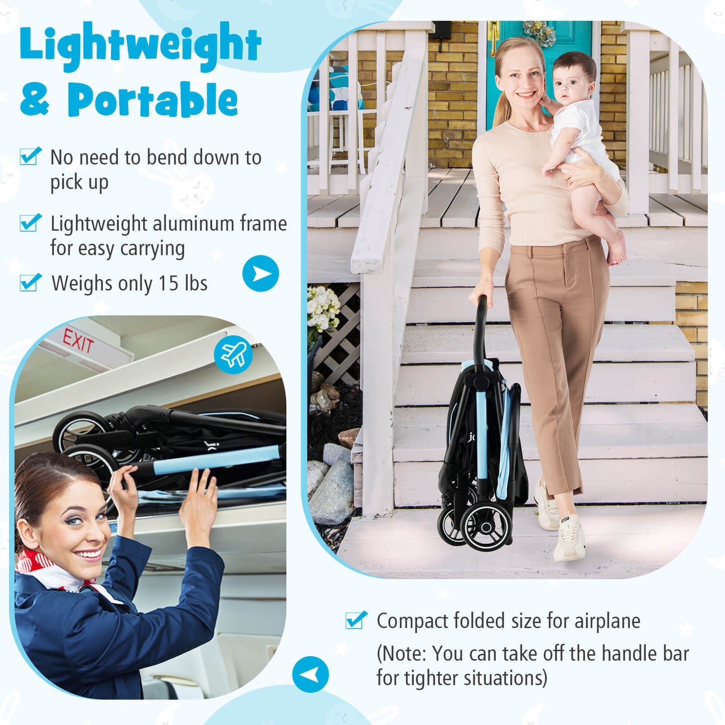 One-Hand Folding Portable Lightweight Baby Stroller with Aluminum Frame-Blue