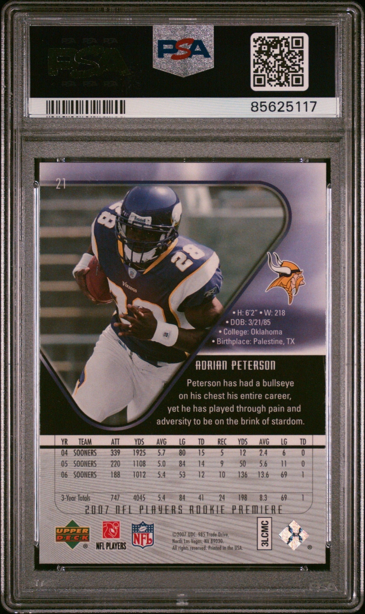 Graded 2007 Upper Deck Rookie Premiere Adrian Peterson #21 Rookie RC Football Card PSA 10 Gem Mint