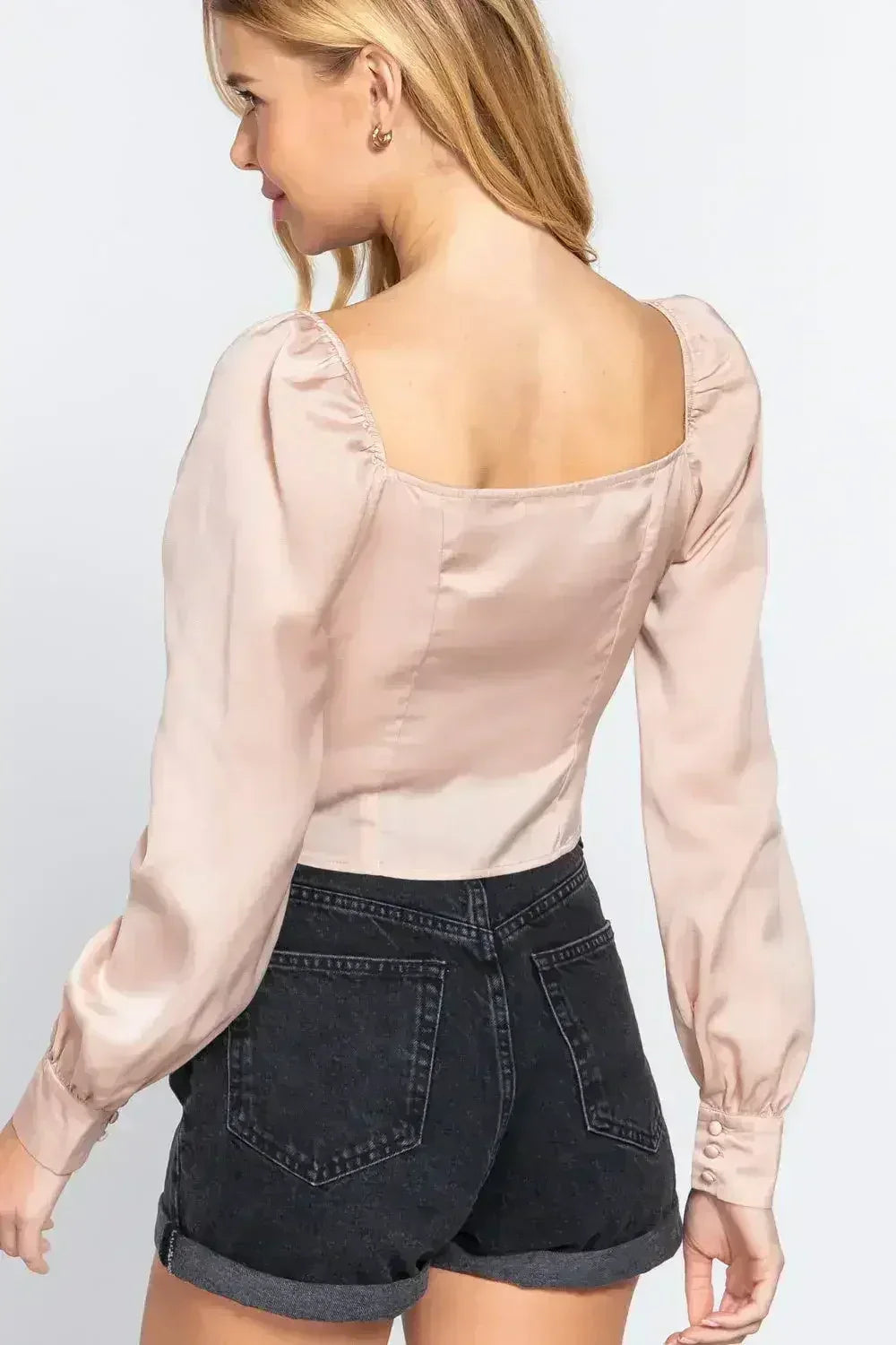 Long Sleeve Sweetheart Neck Front Ribbon Tie Woven Top | Femstylo
