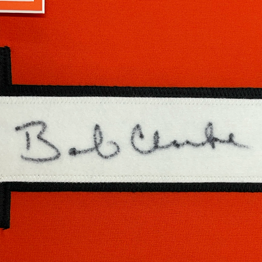 Framed Autographed/Signed Bob Bobby Clarke 35x39 Philadelphia Orange Hockey Jersey JSA COA