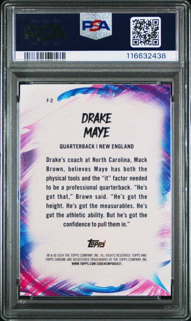 Graded 2024 Topps Chrome Drake Maye #F2 /99 Finesse Green Refractor Rookie RC Football Card PSA 10 Gem Mint