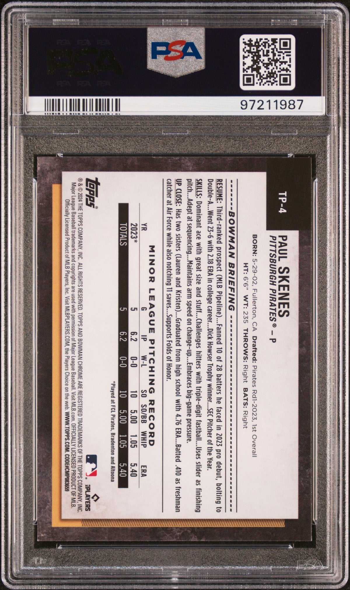 Graded 2024 Topps NSCC Silver Pack Paul Skenes #4 Prospects Rookie RC Baseball Card PSA 10 Gem Mint