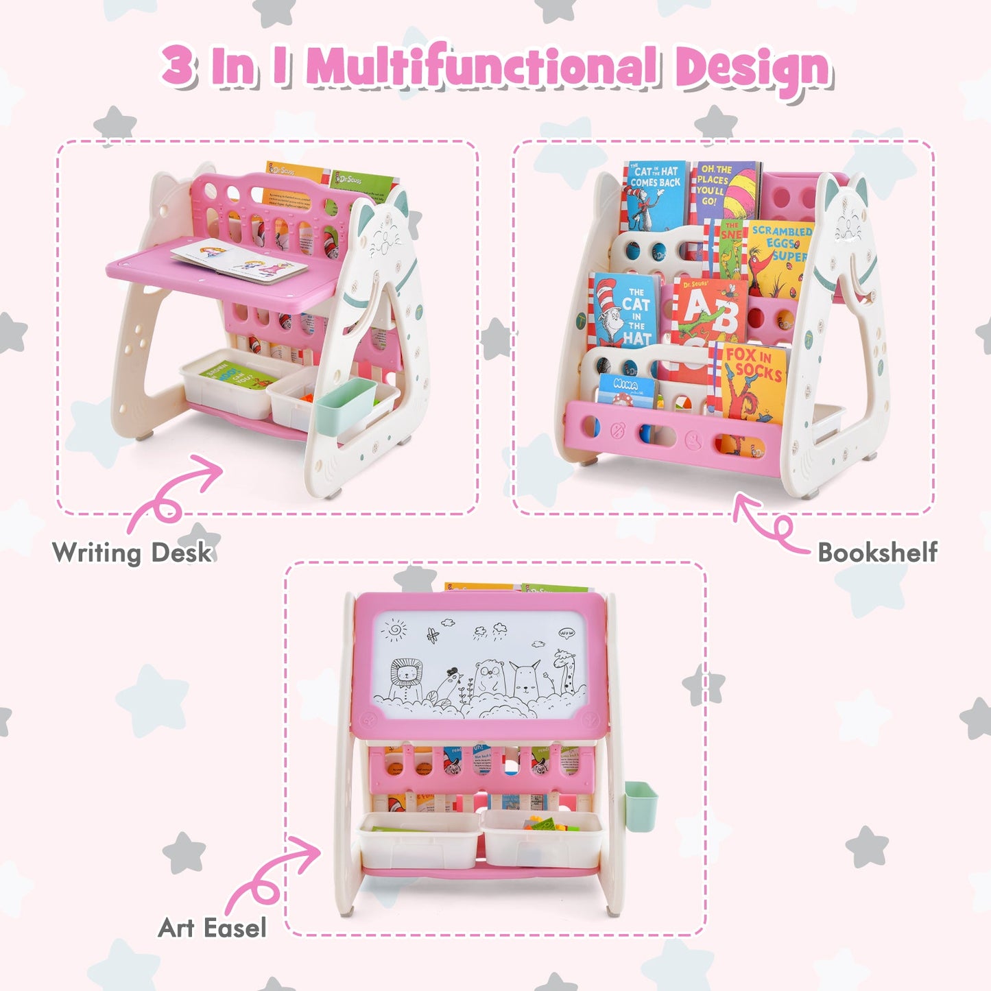 3-In-1 Double Sided Magnetic Dry-Erase Board with Stool and Flipped Writing Desktop-Pink