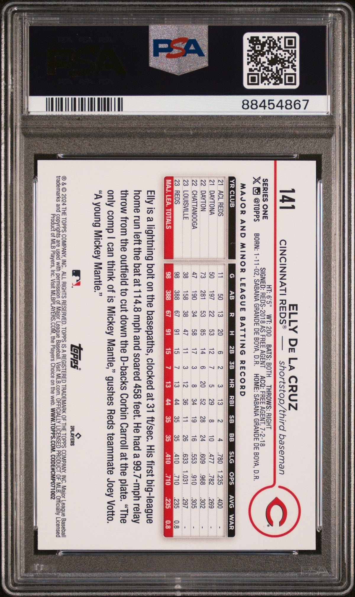 Graded 2024 Topps Elly De La Cruz #141 Rookie RC Baseball Card PSA 10 Gem Mint