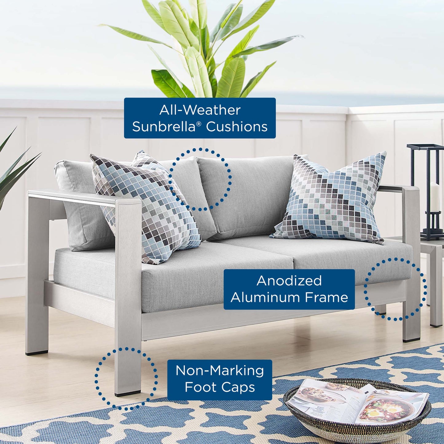 Shore Sunbrella Fabric Aluminum Outdoor Patio Loveseat by Modway