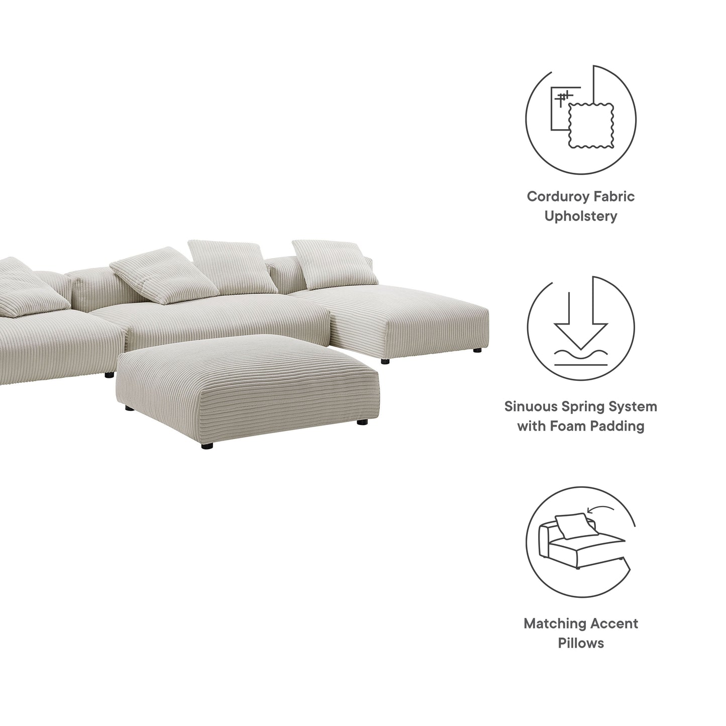 Solace 4-Piece Modular Corduroy Upholstered Sectional Sofa With Ottoman