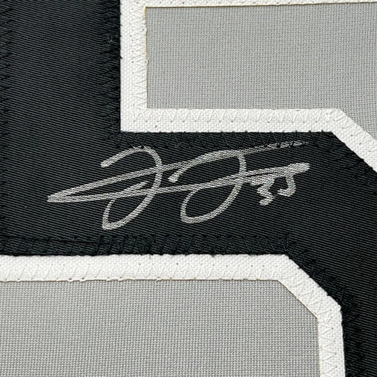 Framed Autographed/Signed Frank Thomas 35x39 Chicago Grey Baseball Jersey JSA COA